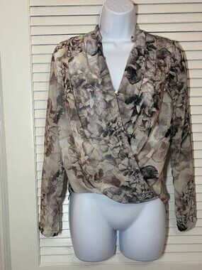 H&M Floral Wrap Blouse Womens Size 2 Sheer Chiffon Long Sleeve Beige Taupe Top